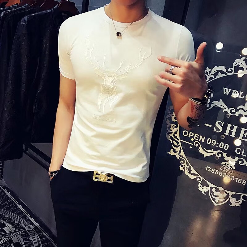 夏天上衣服丅桖紧身净色短袖T恤男士修身韩版冰丝帅气半袖打底衫 梅花鹿白色短袖 L