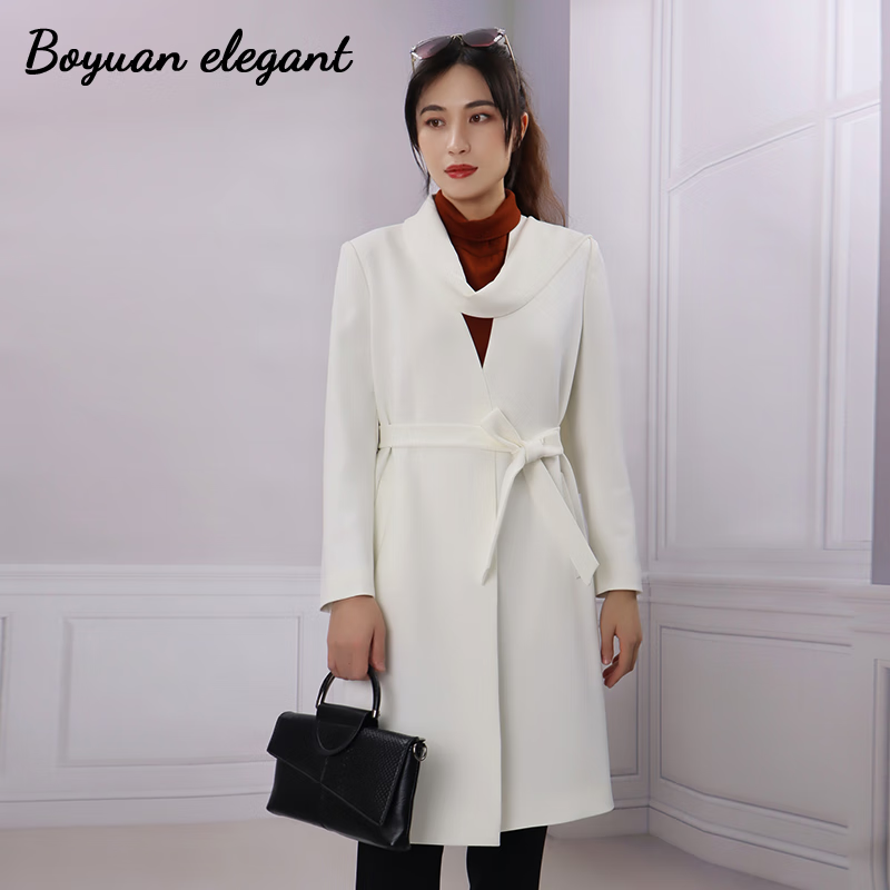 柏媛雅致(boyuan elegant)柏媛白色飘带风衣外套女中长款22高端长袖