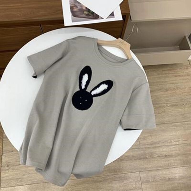 kim sunja潮牌撞色袖口毛巾绣兔子t恤女春季新款宽松显瘦圆领 灰色