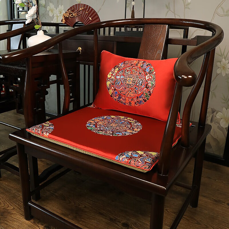 贺锦堂新中式红木椅子坐垫实木茶桌座椅垫子家用凳子垫太师椅圈椅茶椅垫 锦缎吉祥-红 44cm*50cm(含3cm海绵垫)