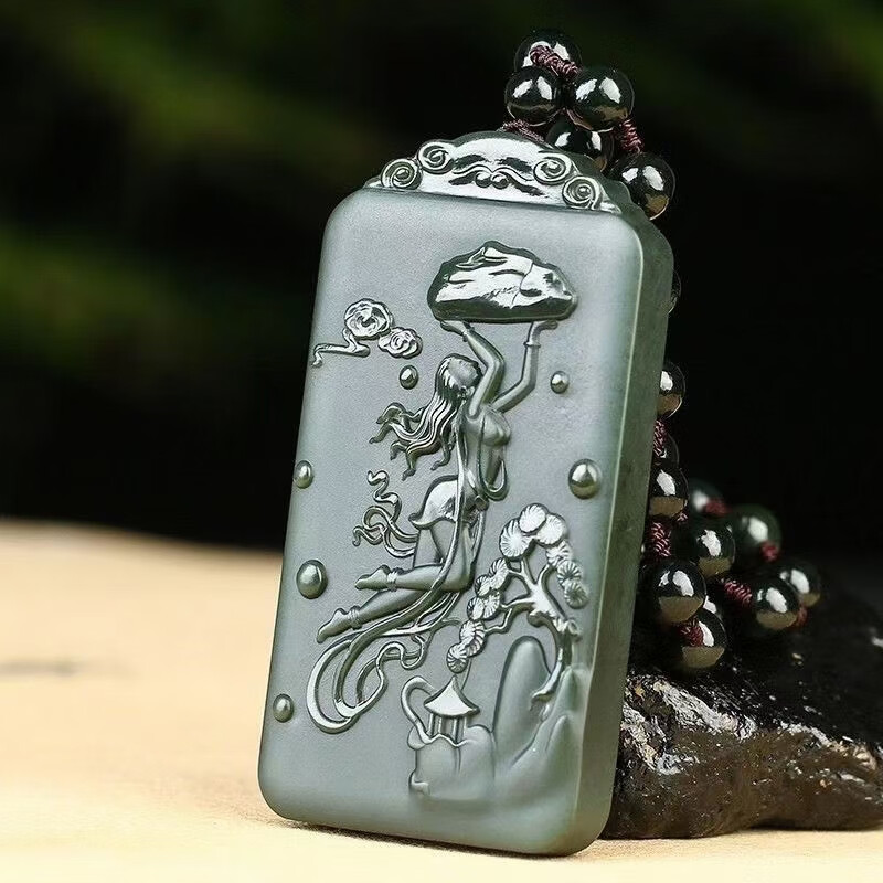 赵禄新疆和田玉青玉女娲补天吊坠男士双面雕刻玉牌挂件项链生日礼物