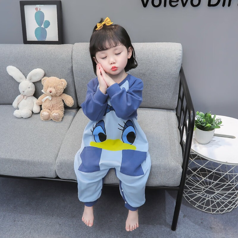 连体睡衣春秋季纯棉女孩宝宝婴儿小童连身秋冬儿童春款家居服 蓝色