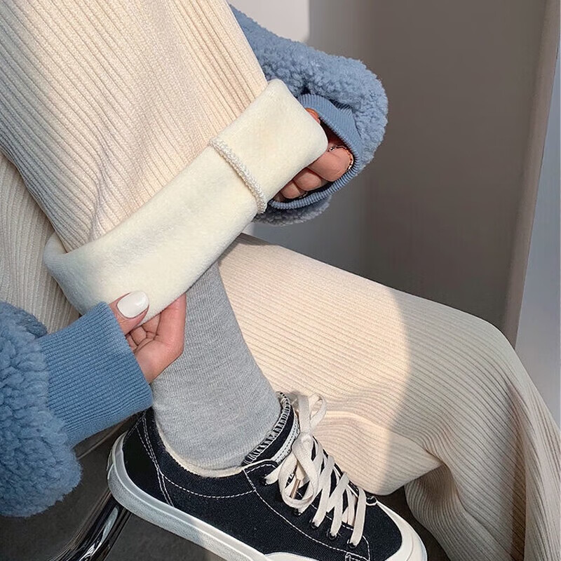 诗莉奥(SHILIAO)长裤骨纹阔腿家居裤气质高腰抽绳百搭显瘦百褶皱条纹垂感 春秋基础款-米白色 均码 【适合高155-175/臀75-100】