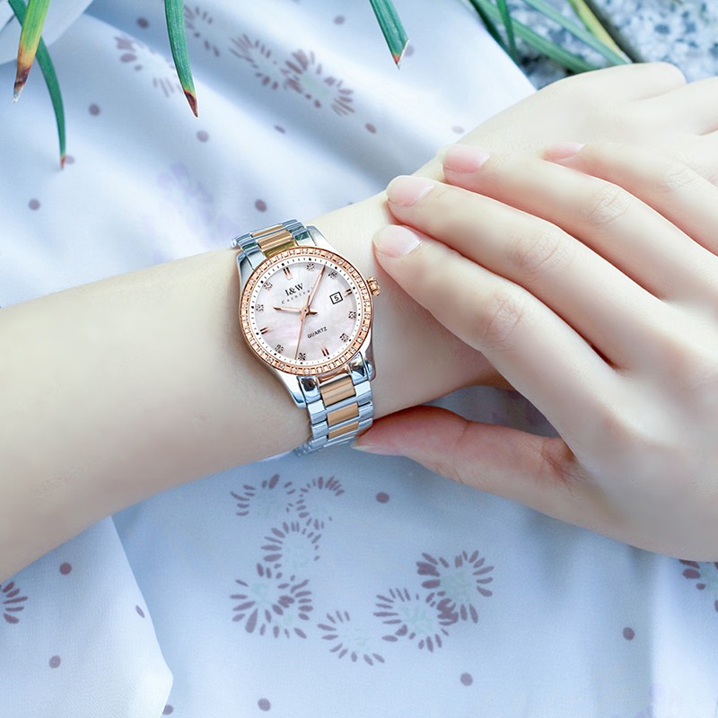 爱沃驰轻奢时尚防水玫瑰金锆石镶嵌石英手表女士表七夕生日礼物送女友 玫金壳白面|间玫钢带