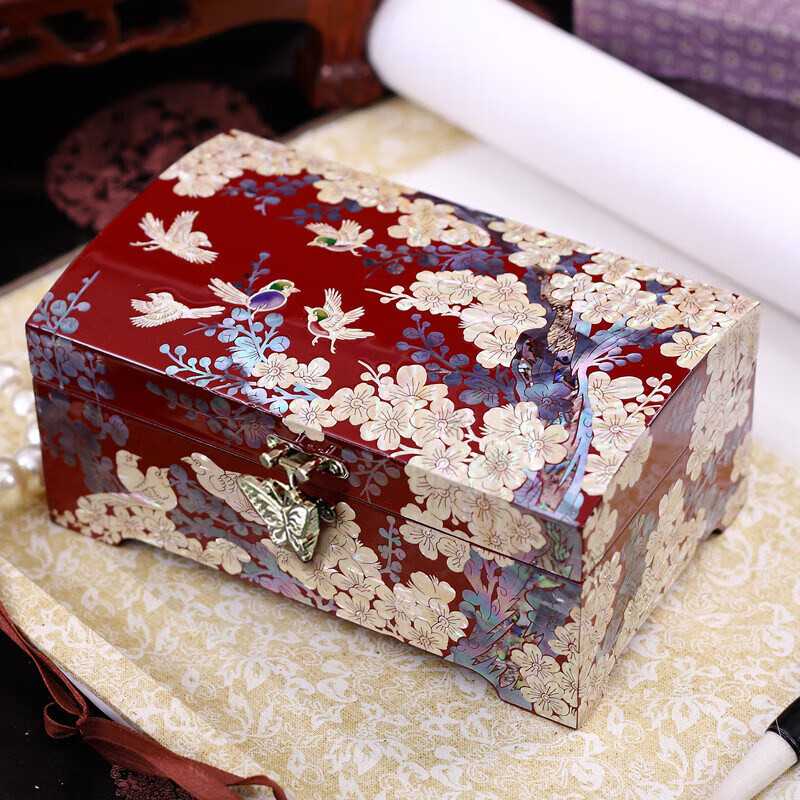 螺钿首饰盒螺钿漆器饰盒结婚礼物木质耳饰品项链收盒中式带锁 10只