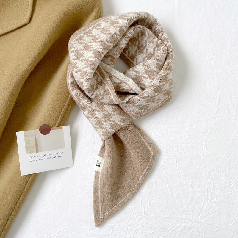 狼针织毛线懒人交叉短围巾女生千鸟格秋冬季保暖气质丝巾护颈小围脖