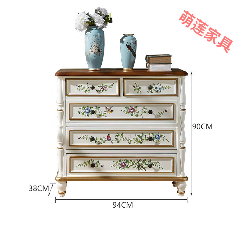 廂柔塌梵高鄉(xiāng)村家具美式五斗廚臥室客廳復(fù)古彩繪儲物柜收納柜實木五斗柜 五斗柜（米白） 94*38*90CM 整裝