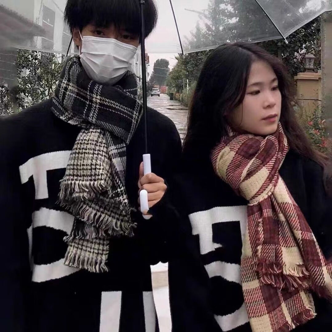 乔璎雪情侣围巾冬季款情侣围巾冬季情侣款 一对2024新款格子围巾 黑色+红色(双色格子情侣款)