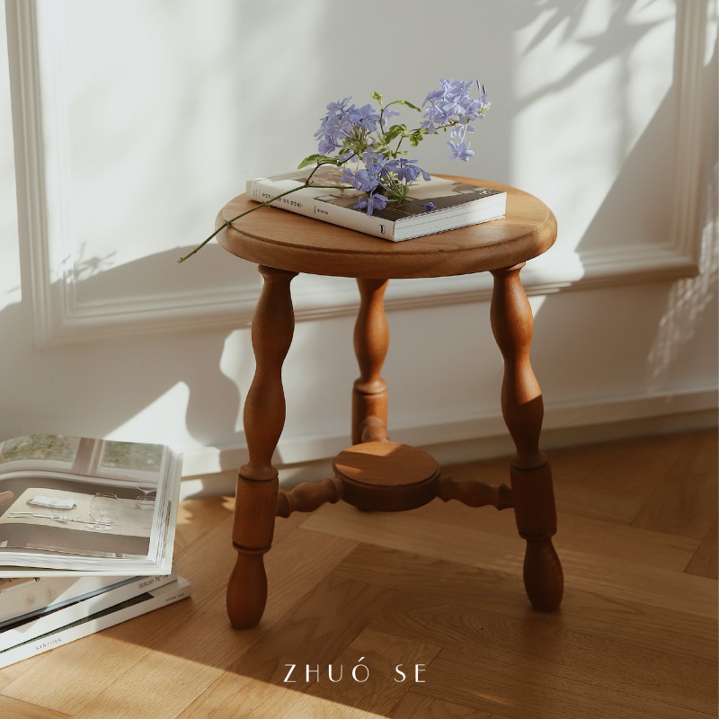 实木 实木柚木复古小板凳ins网红小凳子家用矮凳客厅茶几凳 浅柚木色