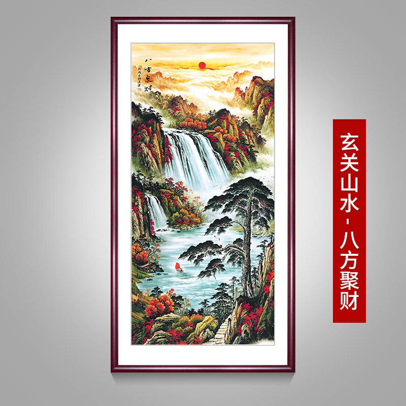 办公室靠山复古名画竖版字挂画新中式走廊壁画 款2-山水【八方聚财】