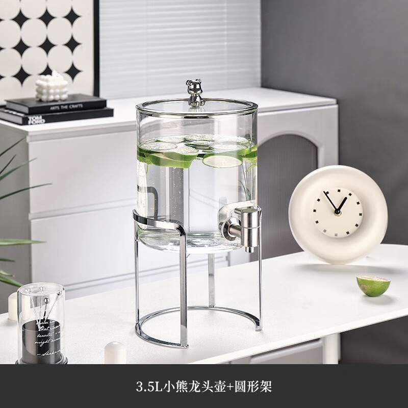 格娜斯小熊高檔玻璃冷水壺帶龍頭涼水壺水果茶飲料可樂桶耐熱套裝家用 3.5L小熊龍頭壺+圓形架