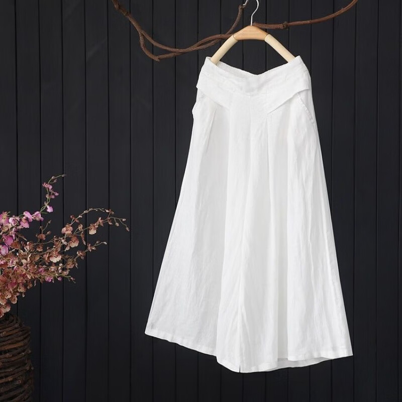 皇士皇妃夏季棉麻休闲裤复古阔腿裤夏宽松纯色平腰棉裤裙九分裤女