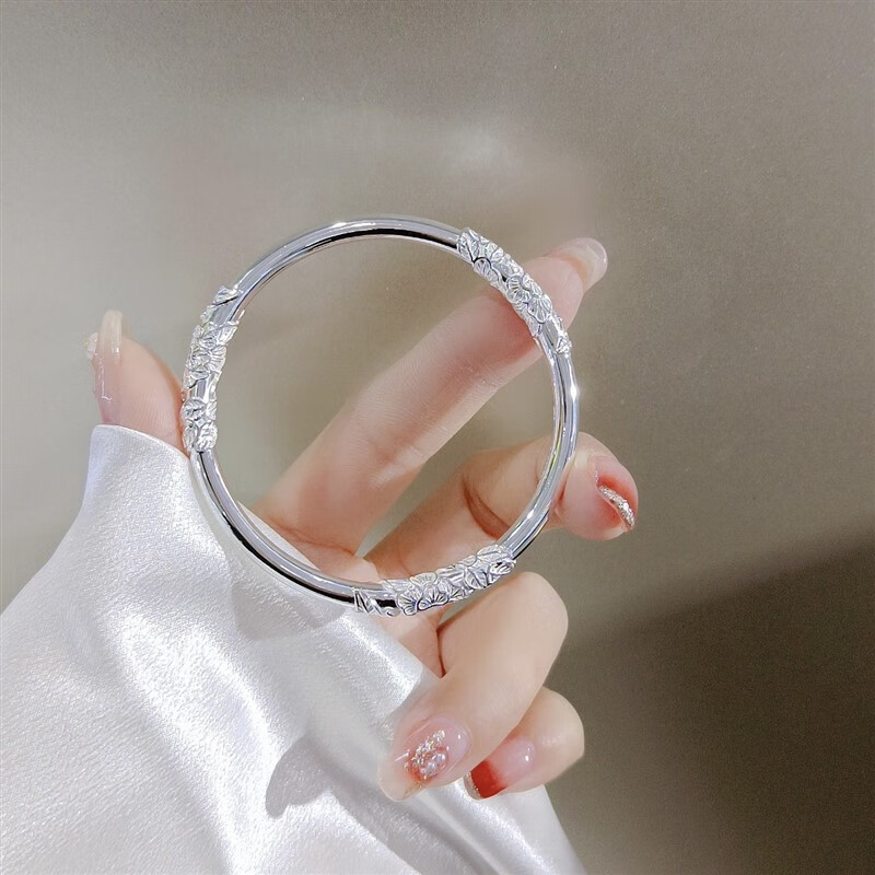 朴艺雅宝足银9999手镯花丝繁花似锦闭口女足银实心镯子送女友情人节