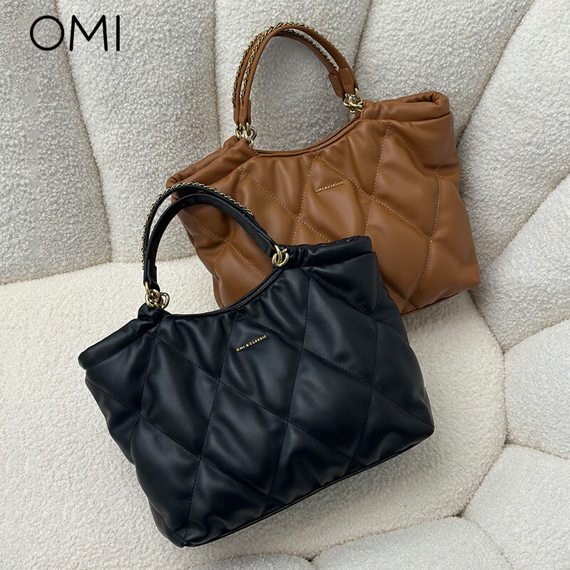欧米（OMI）包包女包24年新品软糯可可棕菱格纹小方块手提包 黑色