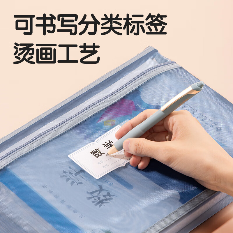 得力（deli）学科袋科目分类袋文件袋透明网纱拉链袋双层大容量小学生用资料书袋试卷收纳袋装卷子袋子作业A4 【双层彩网】加厚学科网纱拉链袋 语数英综作5个