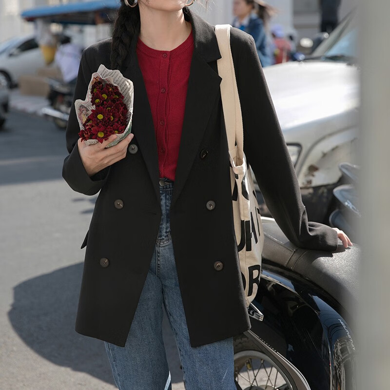翊尚美休闲小西装外套女春秋薄款设计感小西服百搭韩版小个子女装外套 黑色 XL【推荐120-140斤】怎么样,好用不?