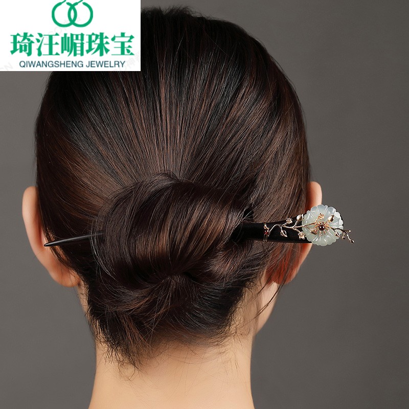 高端品质发簪古风盘发步摇玉簪子流苏发饰简约现代日常中国风黑檀木簪