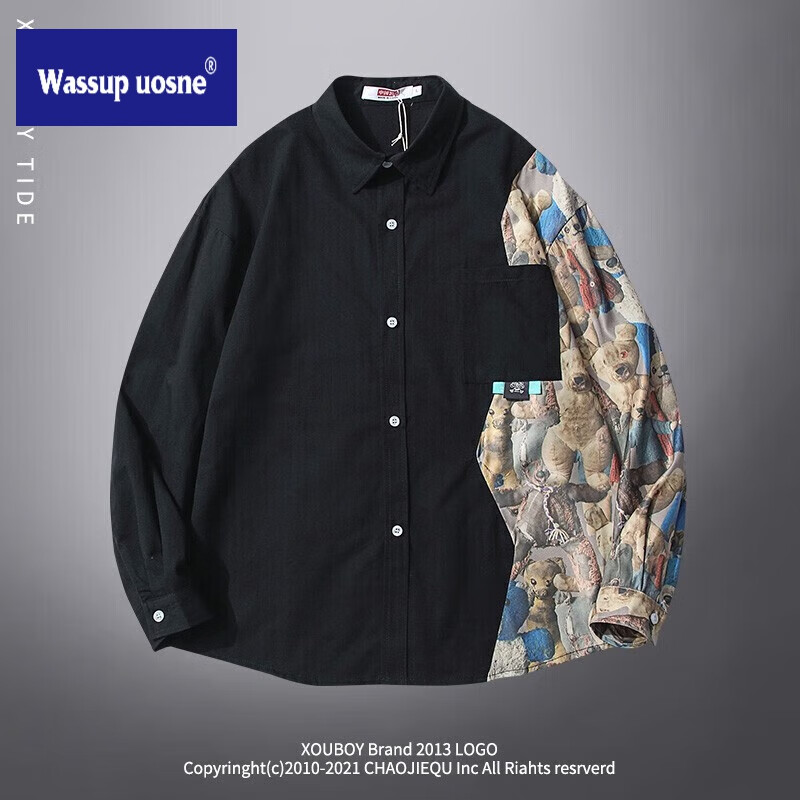 wassup uosne衬衫男hiphop小熊拼接oversize衬衣男长袖宽松街头 黑色