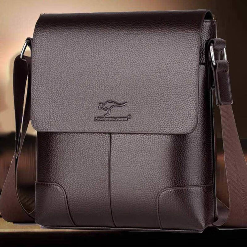 酷奇袋鼠质感包包男士大容量翻盖斜跨包商务公文休闲包包潮男 【棕色