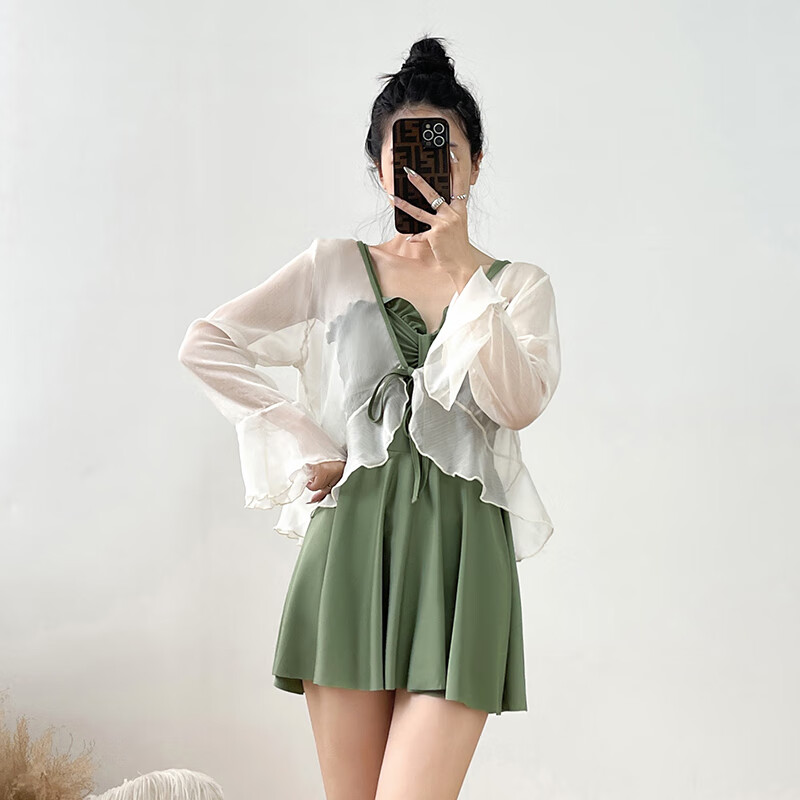 天颛胖妹妹泳衣泡温泉150斤温泉女款微胖女孩裙式吊带连体长袖罩衫202