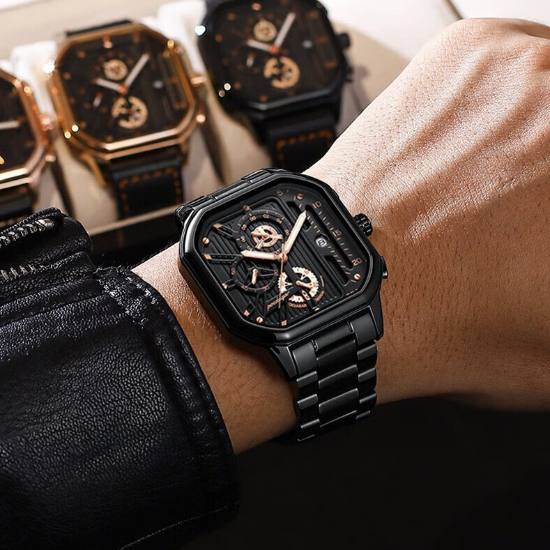 poedagar瑞士品牌方形男士手表多功能防水夜光潮流运动户外腕表计时跑