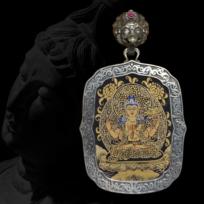 蝶灿手绘小唐卡生肖本命佛吊坠 青海随身微唐热贡黑金彩唐外壳项链