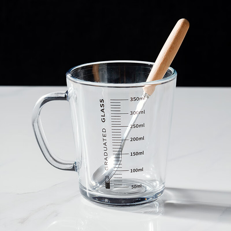玻璃水杯成人儿童早餐喝冲泡牛奶粉专用杯子微 刻度把杯【单杯 勺子】