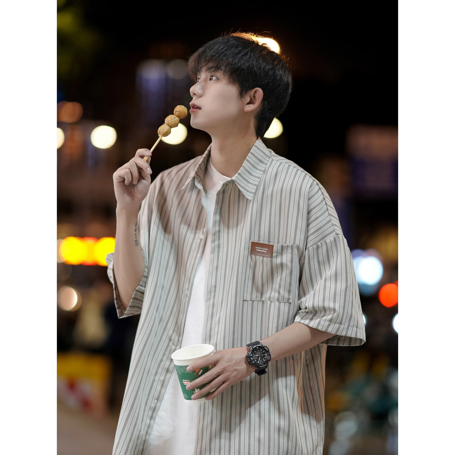 oemg 日系cityboy短衬衫男生夏季卡其色复古七分袖衬衣痞帅休闲外套