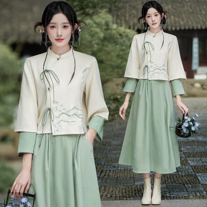 傾卿日常秋冬新中式女裝漢服國風(fēng)鹿皮絨立領(lǐng)改良旗袍上衣裙子茶藝服全套裝 山水上衣+綠色裙子 S