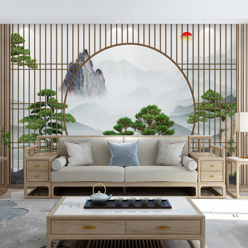 茶桌背景板 古风茶室装饰3d迎客松禅意办公室庭院新中式水墨山水壁画