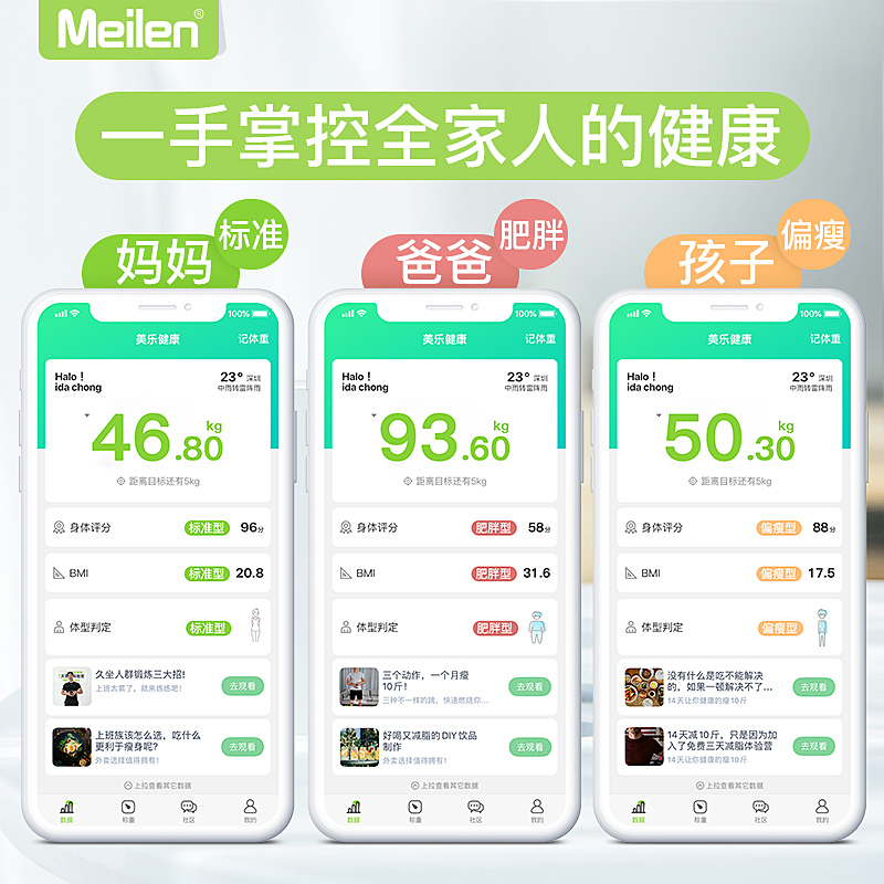 【加大加厚 次日达】Meilen美乐电子秤称重人体秤蓝牙体质脂肪秤精准健康电子称家用减肥计智能体重秤 【体脂秤】连手机APP测体脂 黑色 USB充电