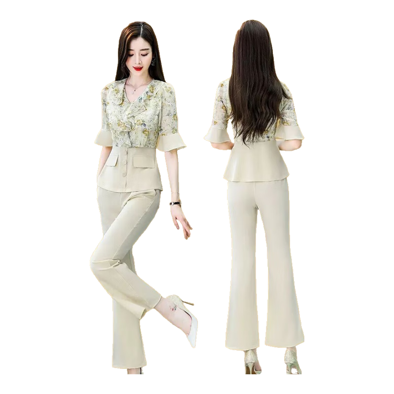 穆夏百合休閑兩件套套裝女夏天2025年新款女裝夏季氣質(zhì)時(shí)尚雪紡直筒喇叭褲 米白色 L