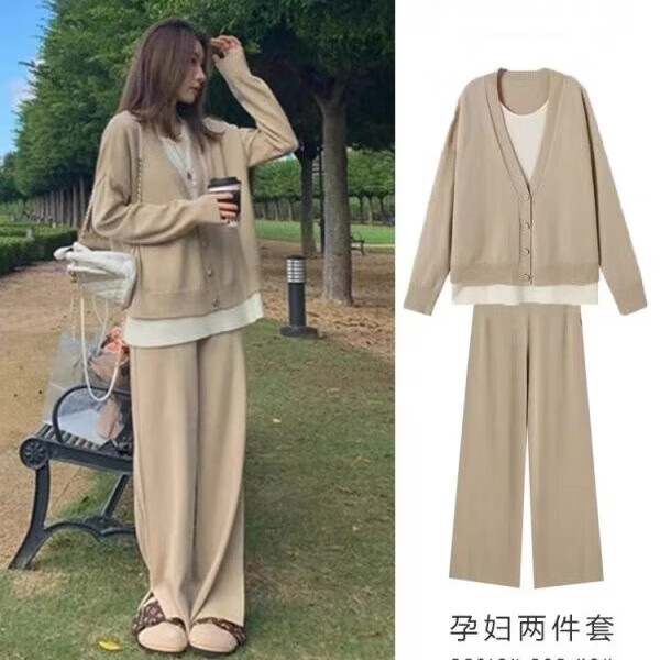 衣百壹孕婦裝套裝秋季新款慵懶韓版假兩件針織毛衣+孕婦褲兩件套秋裝 卡其套裝 XL