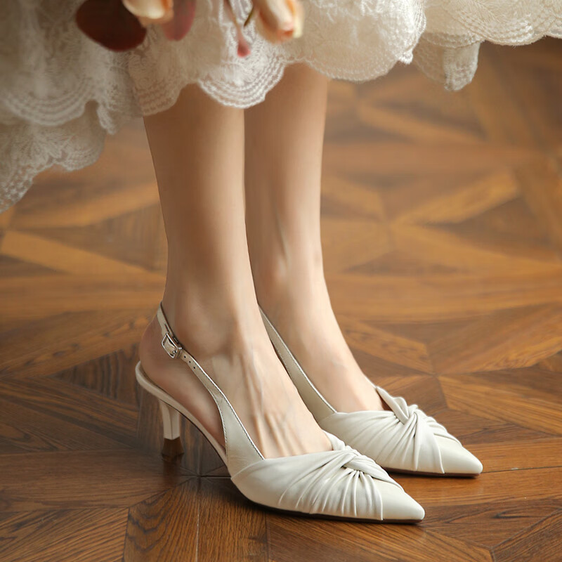 timan)尖头凉鞋女包脚面年轻小跟单鞋夏细跟中跟包头白色小高跟鞋舒适