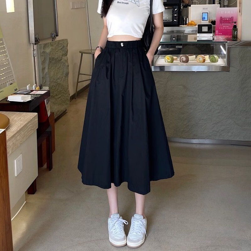 柒十念工装裙子高腰a字裙中长款伞裙显瘦黑色休闲半身裙女春夏新款