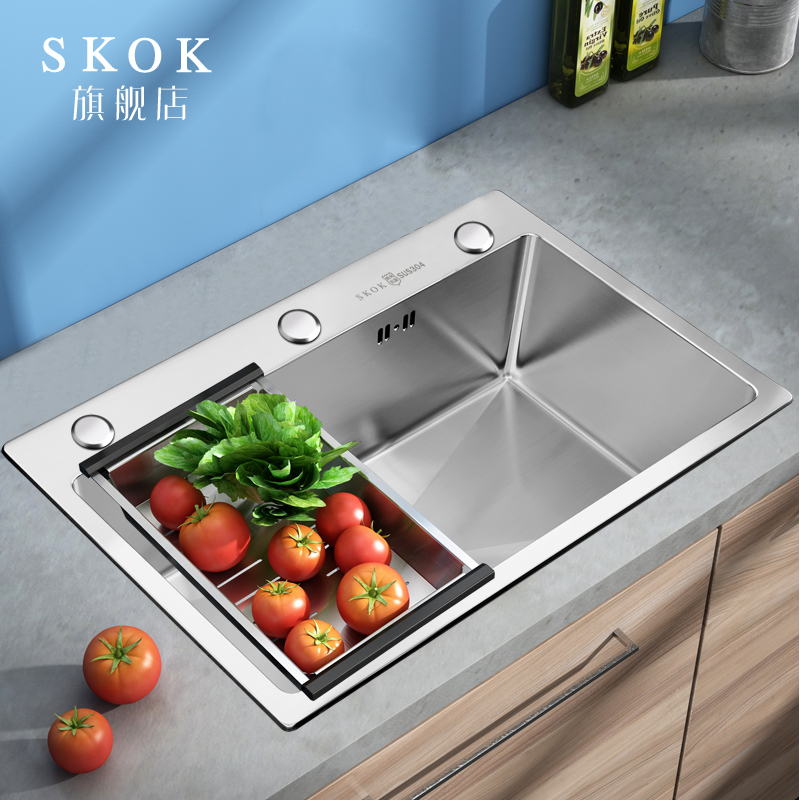 Skok洗菜盆大单槽厨房银纳米水槽台下盆洗菜池304不锈钢洗碗槽家用水盆三孔单槽a套餐 不含龙头 银纳米45 40三孔 参数详情评论 聚折扣