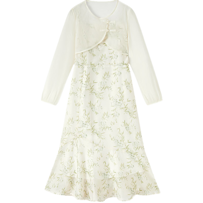 森馬觀園吉聯(lián)名連衣裙女罩衫吊帶裙兩件套24夏新中式國(guó)風(fēng)套裝 白綠色調(diào)00314 XL