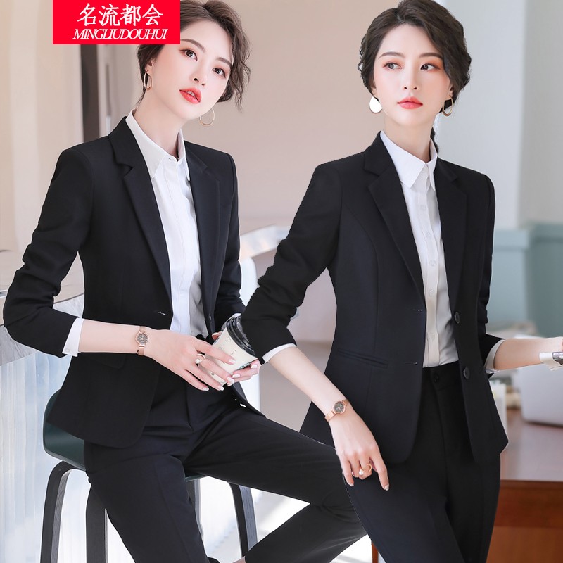 名流都会高端职业装女装长袖小西装女士正装工作面试西服 黑色单件