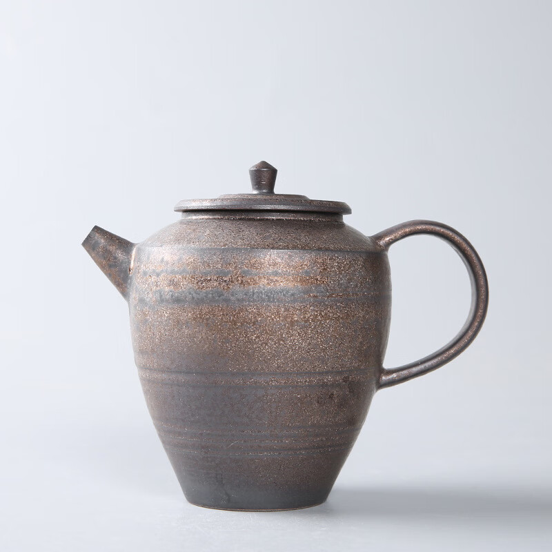 粗陶小茶壶 陶瓷家用单壶 日式泡茶器复古功夫茶具侧把壶 铁锈釉素然