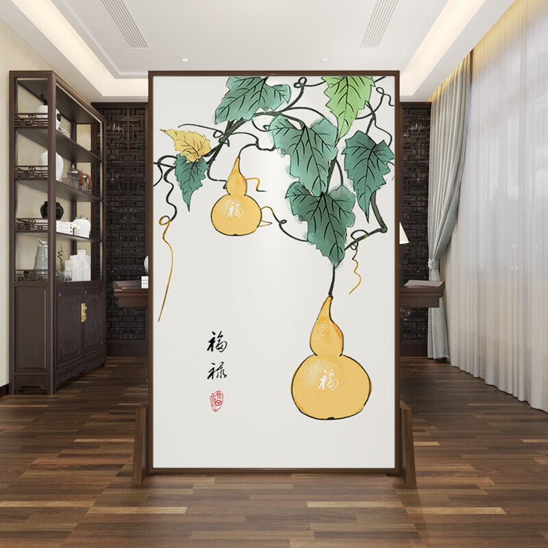 菲迪拉中式纳福屏风隔断葫芦图案入户门客厅玄关遮挡可移动实木座屏
