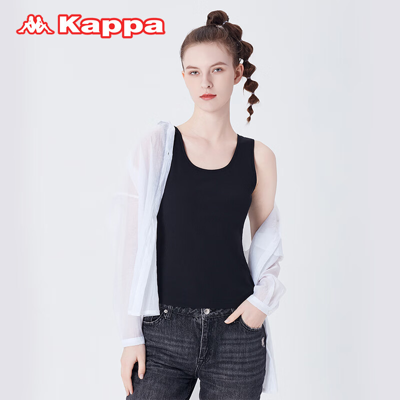 KAPPA【新品】2件装卡帕女士背心内搭新款弹力罗纹棉透气柔软打底内衣 黑色/黑色【长款2条】