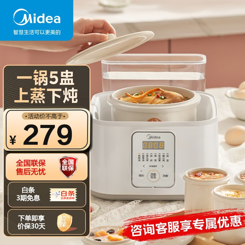美的（Midea）电炖锅 电炖盅养生炖盅 多功能煮粥煲汤锅 智能预约家用 蒸汽炖-1盅5胆丨MD-DZ16PoWer501