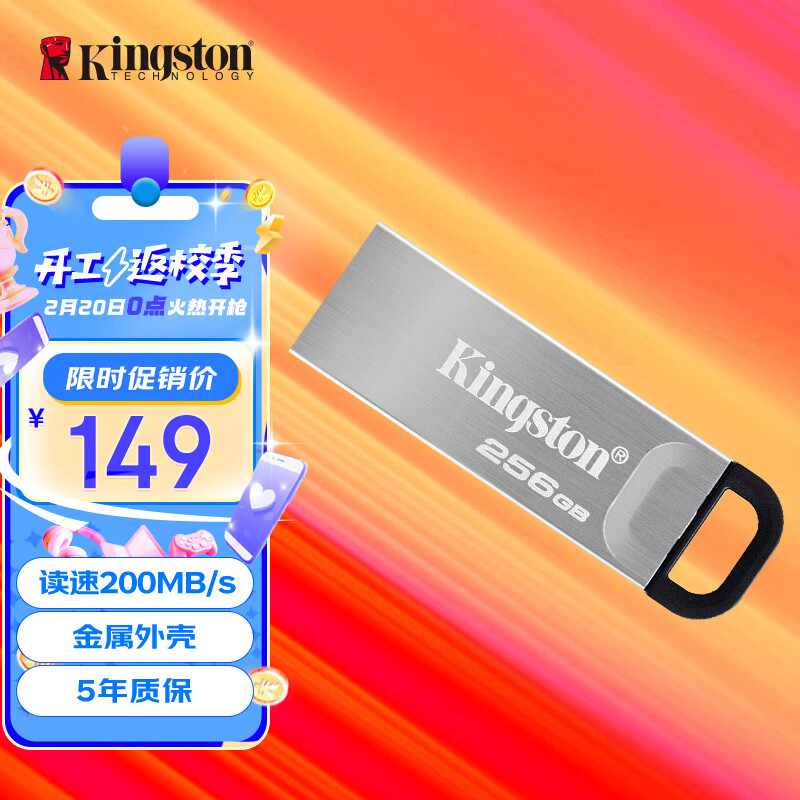 金士顿（Kingston）256GB USB 3.2 Gen 1 U盘 DTKN 大容量U盘 金属外壳 读速200MB/s