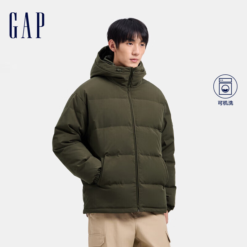 盖璞男装徽章logo抽绳立领连帽羽绒服纯色外套677652 墨绿 XL (180/100A) 亚洲尺码 【偏大，建议选小一码】