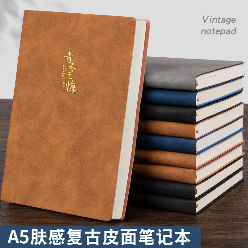 肤感烫金皮面笔记本子羊巴皮记事本软皮商务办公会议记录本皮面本b5加厚工作笔记本复古皮面简约随身日记本 【A5/120张】1本装/青春无悔