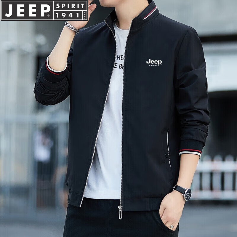 JEEP SPIRIT吉普夹克男春秋外套纯色立领商务男装百搭宽松休闲服 黑色 2XL 