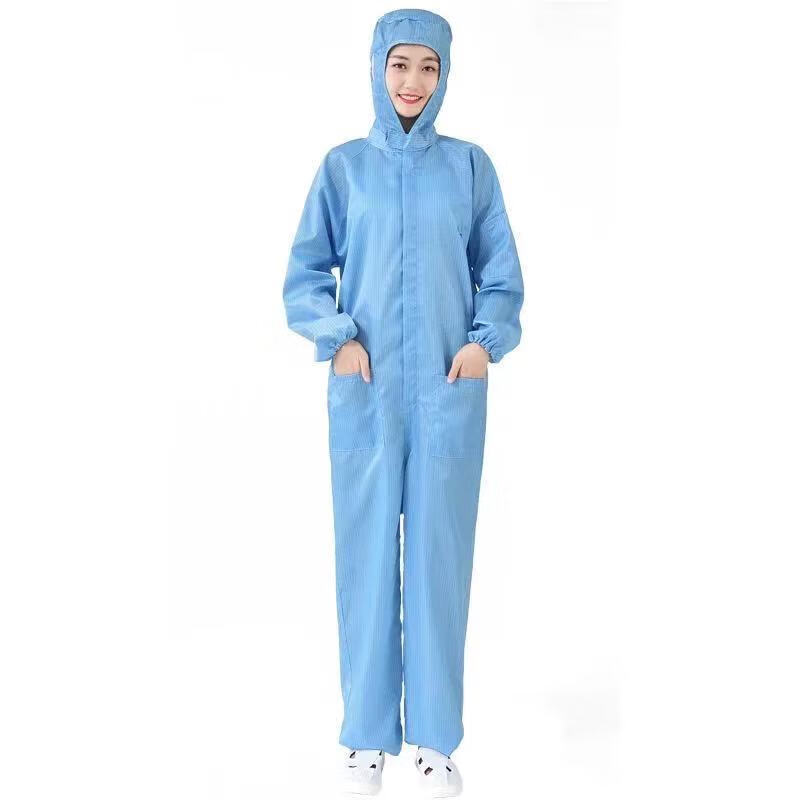 雷事兴无尘服防静电连体连帽喷漆防尘条纹白蓝色男女工作车间除静电衣服 藏青色连体服带口袋【不含鞋子】 5XL