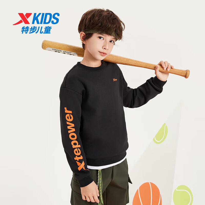 特步（XTEP）童装儿童卫衣中大童男童女童套头卫衣休闲舒适运动卫衣上衣 正黑色/明火橙(加绒) 140