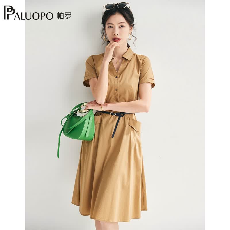 帕罗（PALUOPO）连衣裙短袖衬衫领中长款夏季气质显瘦棉混纺百搭女装新款 卡其 L (165/88A)