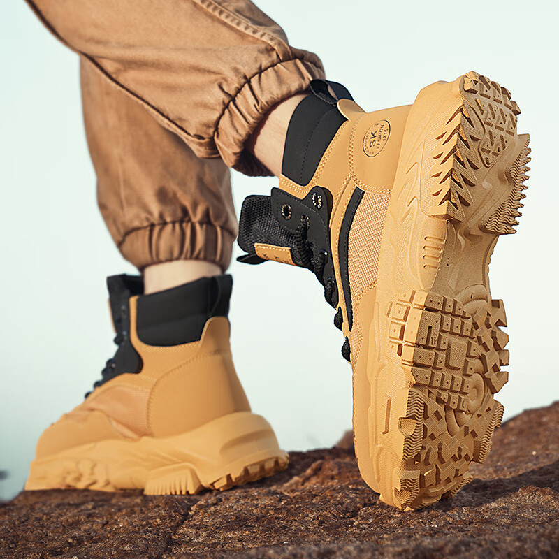 BAIKE马丁靴男冬季新款鞋子男雪地高帮靴子男劳保鞋工装鞋加绒保暖棉鞋 卡其 42 标准码